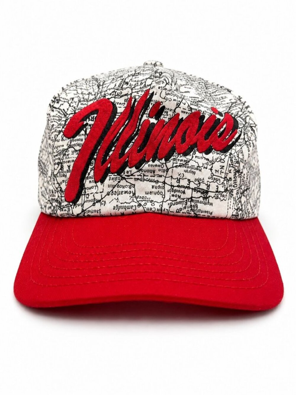 Illinois Mens Snapback Cap Red Brim Map Print Adjustable One Size Fits Most